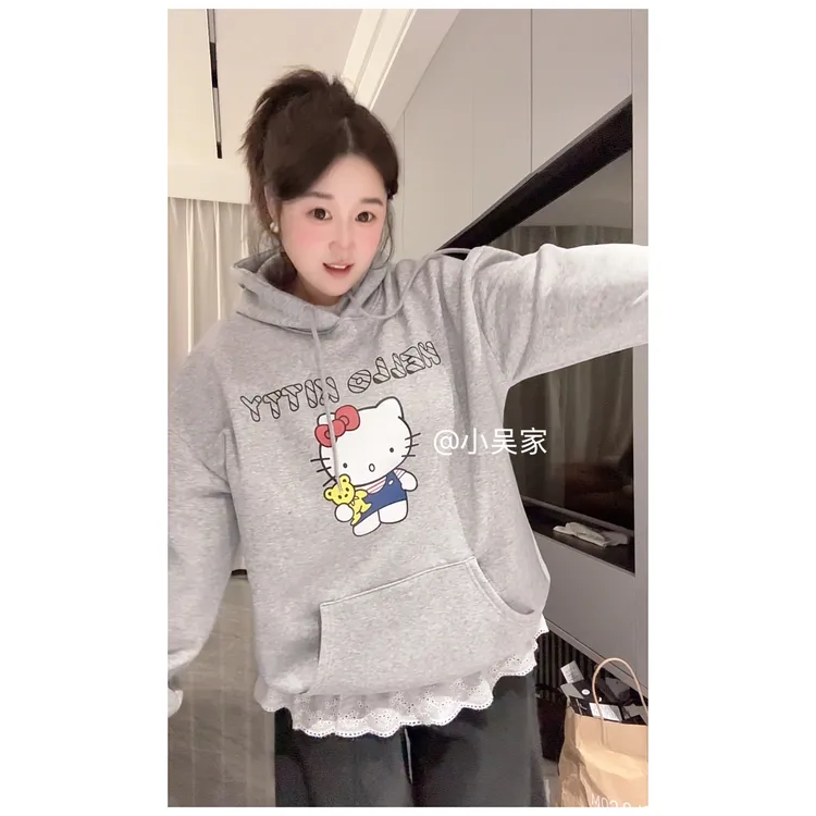 「小吴家」美式复古卡通KT猫印花连帽卫衣秋冬新款加绒休闲百搭卫衣