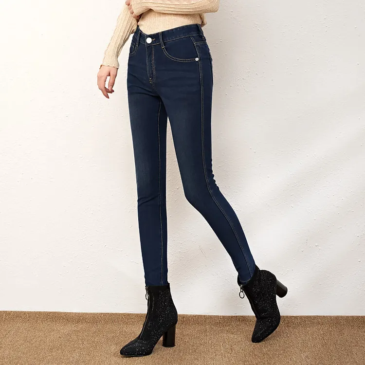 女裤秋季加绒牛仔裤裤子女修身舒适小脚长裤高腰紧身铅笔裤1208