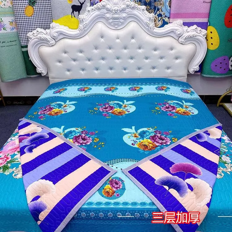 夹棉/床单双面床盖绗缝大床床上用品双人床蓝色加厚三层亲肤炕盖