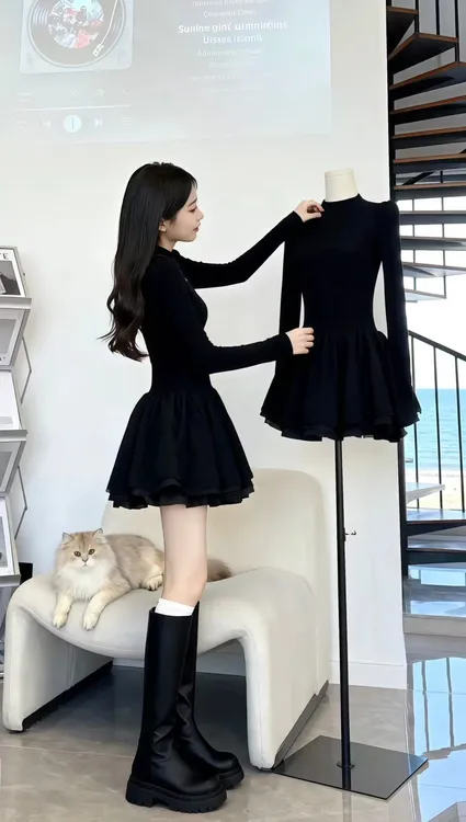 法式赫本风黑色长袖连衣裙女秋冬收腰显瘦百搭气质千金风蓬蓬短裙