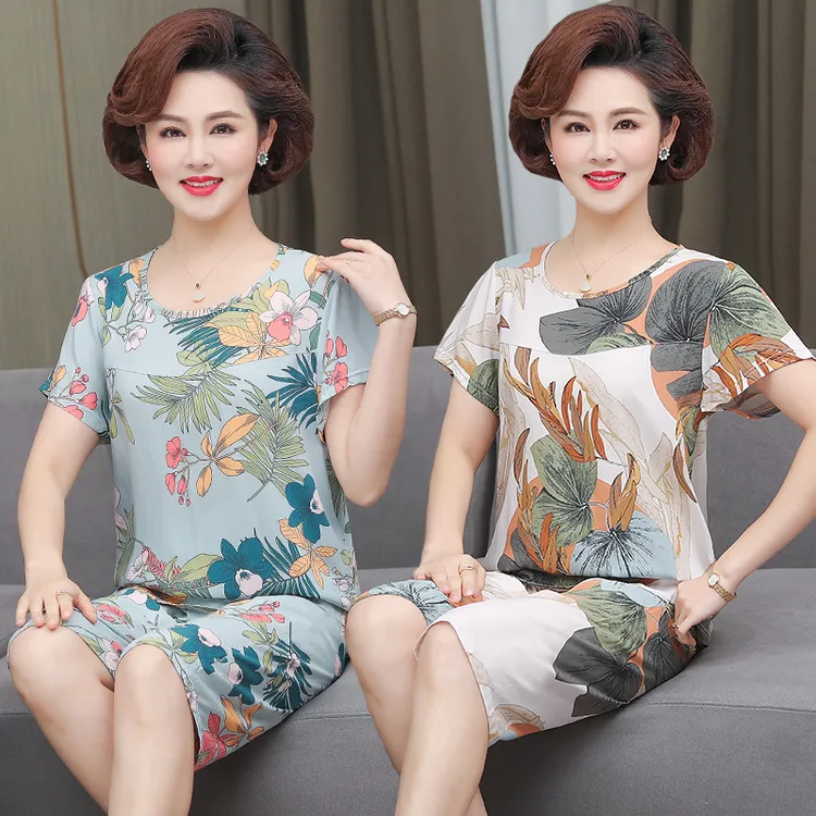 妈妈棉绸睡衣女夏季薄款中老年人家居服2025新款短袖两件套装大码