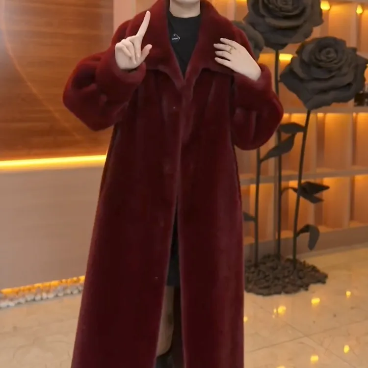 红色加厚长款立领仿皮毛一体毛毛环保皮毛外套女大衣气质时尚