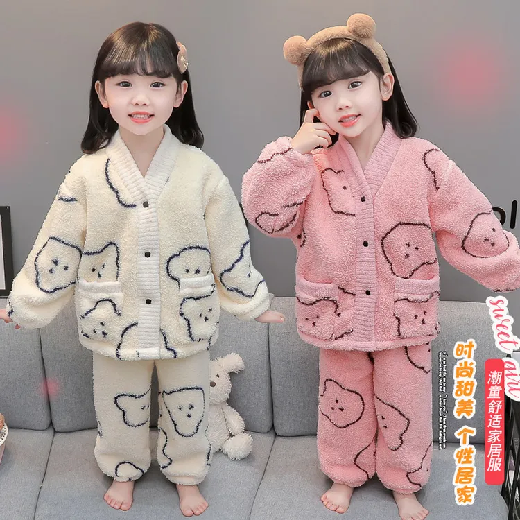 女孩秋冬款2025睡衣法兰绒加绒套装儿童珊瑚绒分体保暖开衫家居服