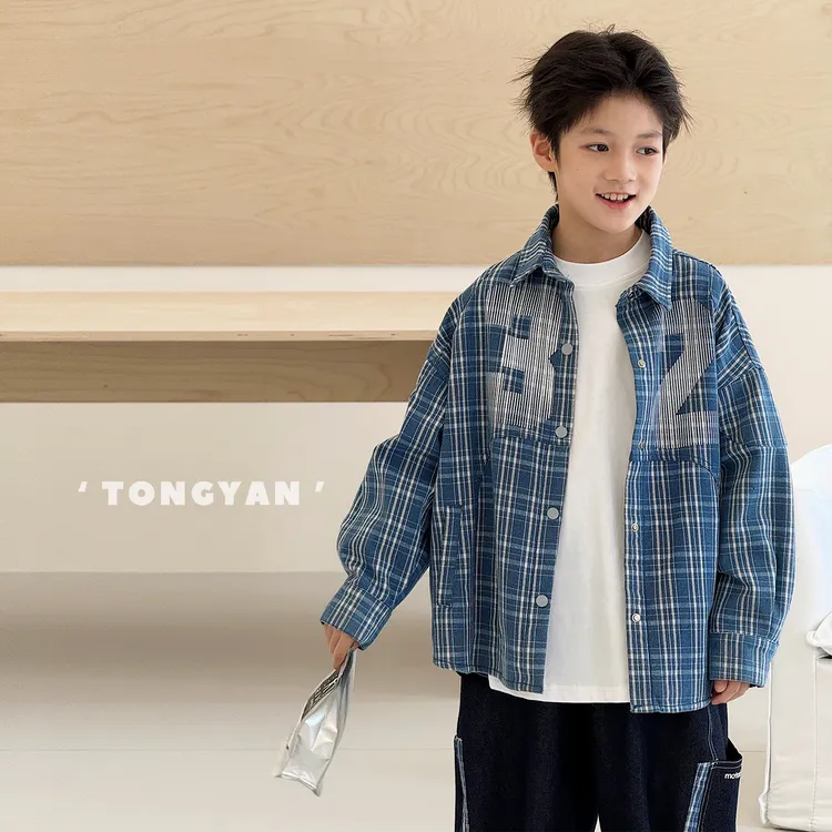 【痞帅天花板】男童长袖衬衫2025秋新款儿童格子牛仔衬衣外套DF885