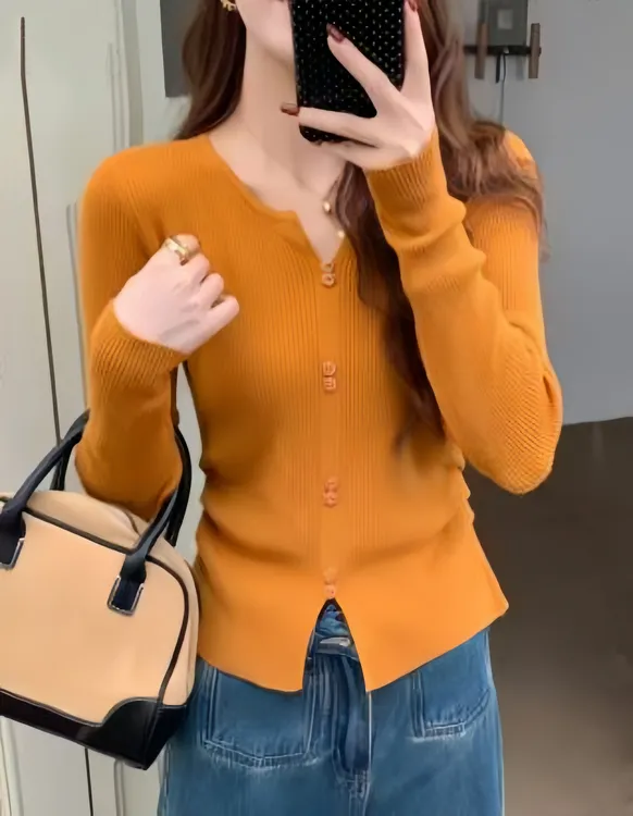 南瓜色韩系辣妹半开领长袖针织衫秋季新款流光风女上衣打底衫毛衣
