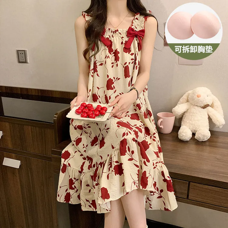 花朵甜美网红风带胸垫吊带睡裙女款夏季梭织2025新款夏天睡衣裙