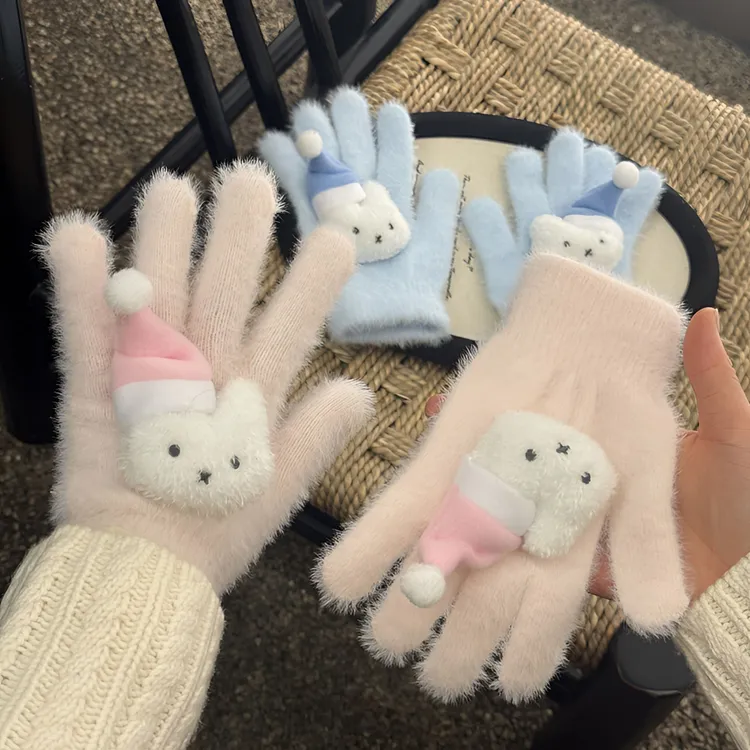 可爱圣诞帽米菲兔手套高颜值毛绒保暖全包分指手套少女送闺蜜礼物