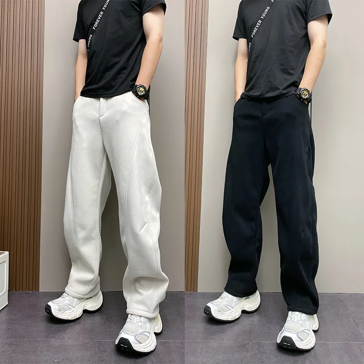 冬季重磅加绒加厚立体剪裁弯刀直筒卫裤简约纯色保暖宽松休闲裤子