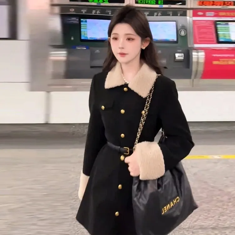 小香风撞色翻领加厚女2024秋冬新品收腰短款修身大衣气质连衣裙