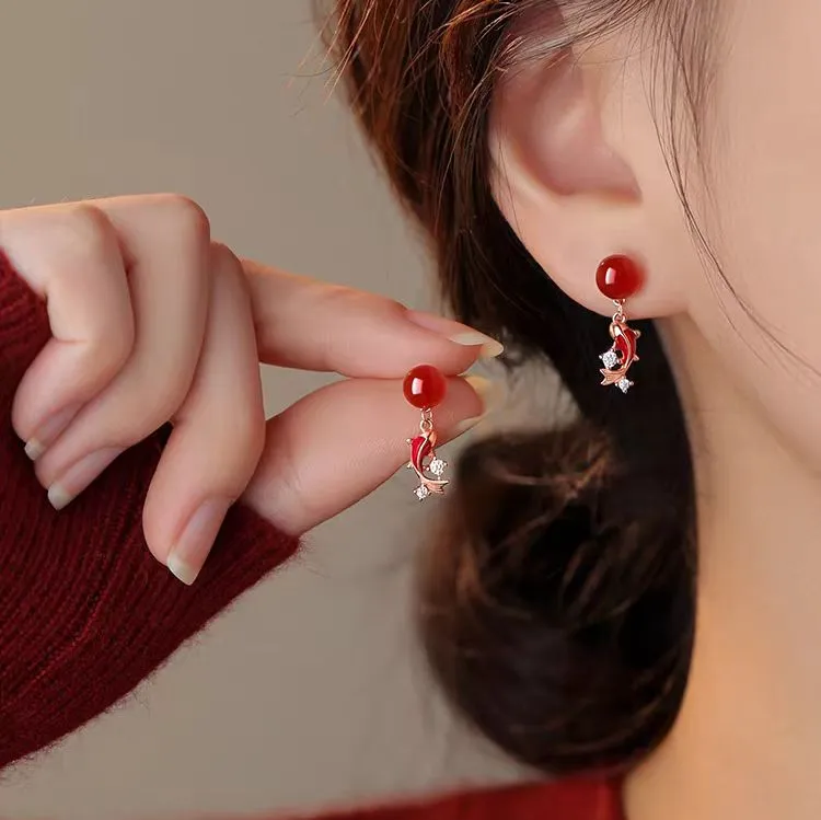 本命锦鲤新年红色耳环女2026新款爆款高级感耳钉轻奢气质百搭耳饰