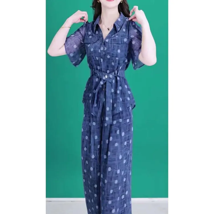 时尚休闲显瘦套装女夏季新款洋气设计感绑带短袖上衣阔腿裤两件套