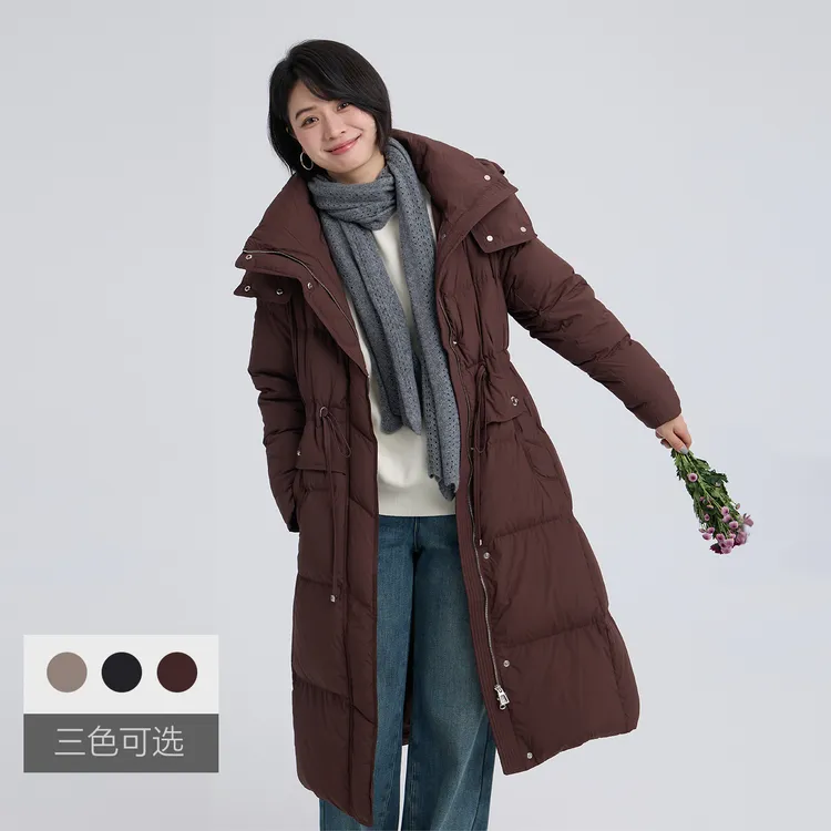 25年冬季新品复古风长款加厚连帽羽绒服鸭绒服外套女装