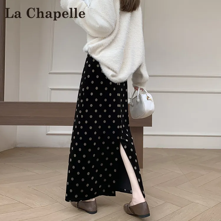 拉夏贝尔黑色金丝绒波点半身裙女秋季新款开叉直筒高腰a字包臀裙