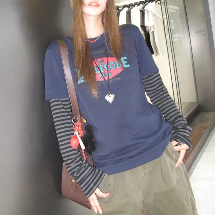 【撞色密钥】洋气小众撞色设计感假两件拼接条纹袖印花T恤女装百搭