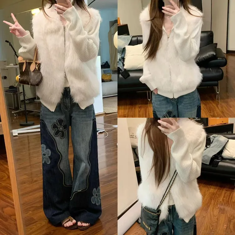 【暮光白梦】太美了好仙的针织拼环保毛外套 时尚百搭上衣60668