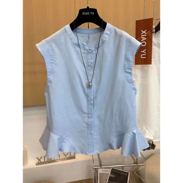 夏季纯棉2025新款韩版时尚百搭圆领无袖宽松显瘦女潮衬衫背心小衫