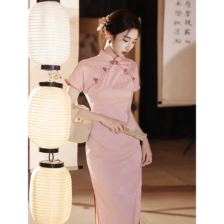 新款夏季菀莞粉文艺复古成人女性新中式改良高级感单长旗袍订