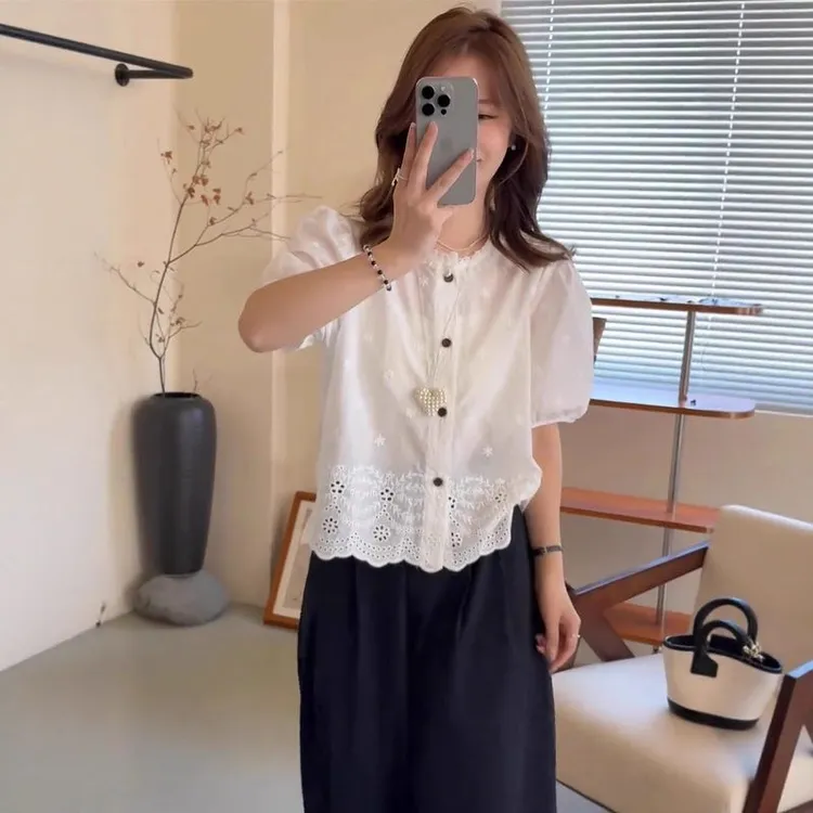 法式镂空短袖衬衫女薄款2025新款夏季韩版刺绣高级感小个子上衣
