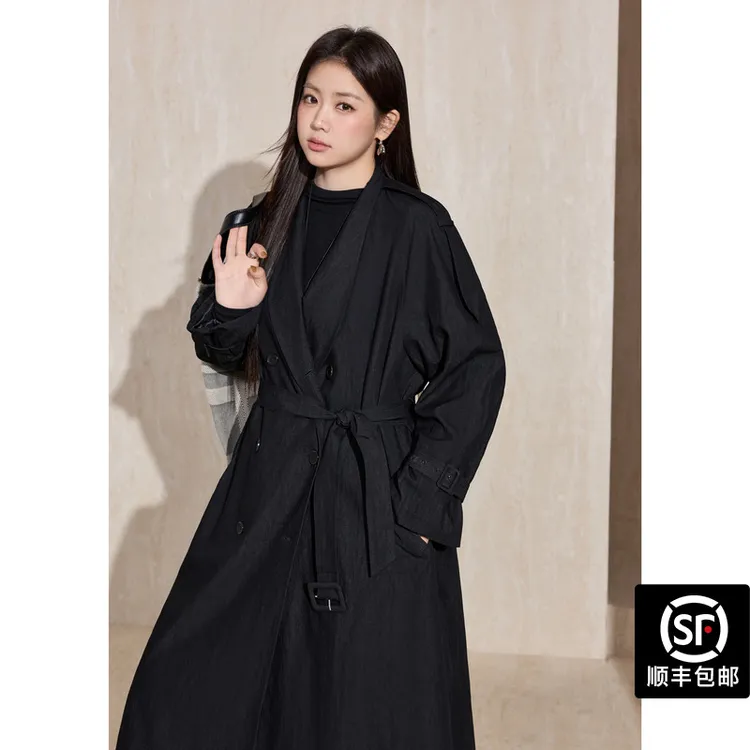 蓝语大码女装经典宽松廓形双排扣风衣2025秋季新品中长款系带外套