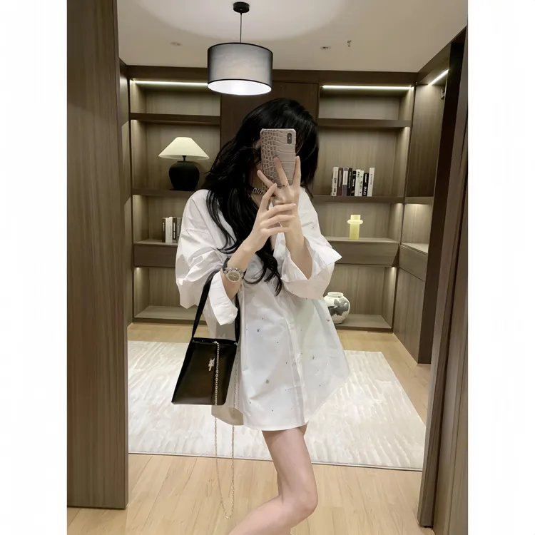 白色烫钻衬衫女2025秋季新款韩系休闲宽松慵懒衬衣高级感长袖上衣