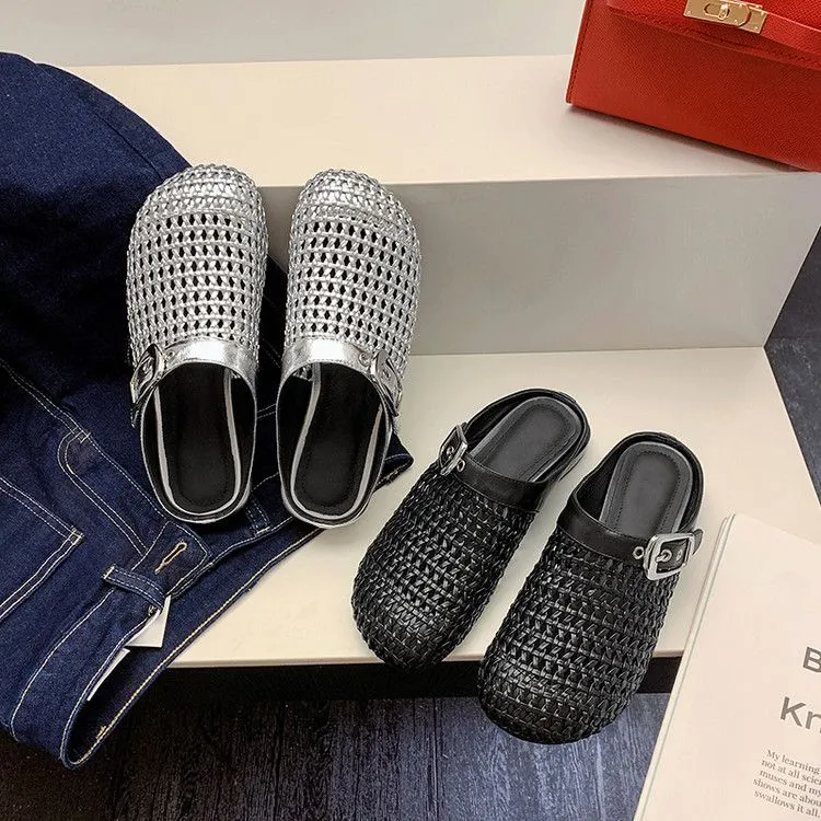 编织法式包头穿新款女外风半2.5时尚跟凉拖春夏圆头