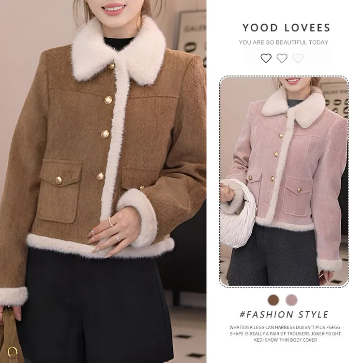 设计感气质毛毛翻领拼接撞色夹棉外套女2025冬季新款保暖洋气上衣