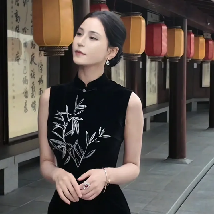 日常复古港风无袖中式黑色弹力竹子旗袍改良连衣裙