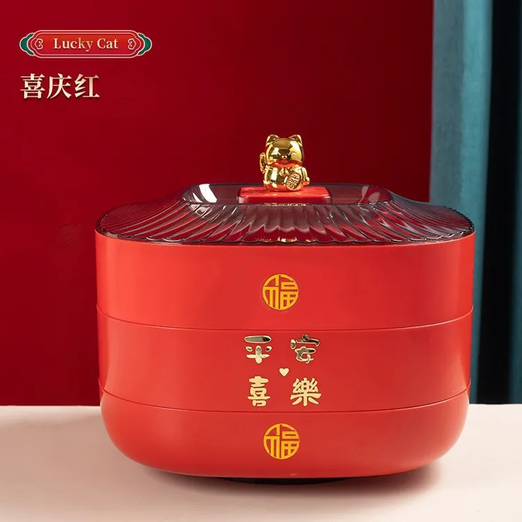 轻奢招财猫糖果盒家用新年高级感客厅零食干果盘带盖分格旋转果盘