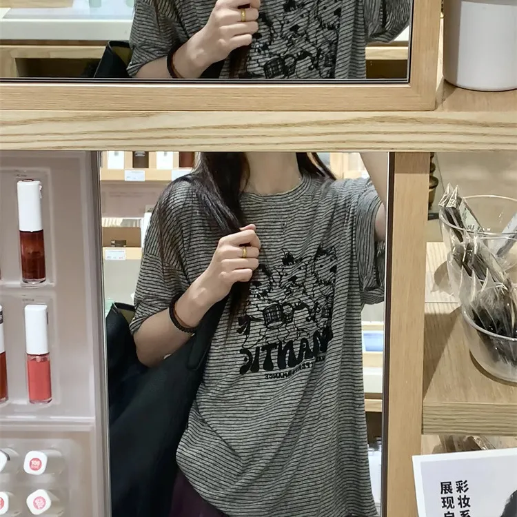 百搭复古减龄卡通圆领宽松夏季薄款慵懒款式条纹短袖T恤女上衣