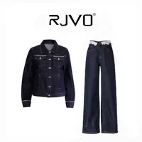 RJVO新款设计感定制原色牛仔外套几何拼接蕾丝腰头阔腿裤套装