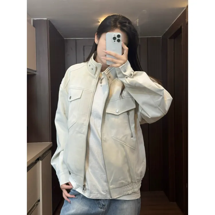   美式扎染PU皮夹克男女秋潮牌口袋工装外套复古防风防水立领上衣