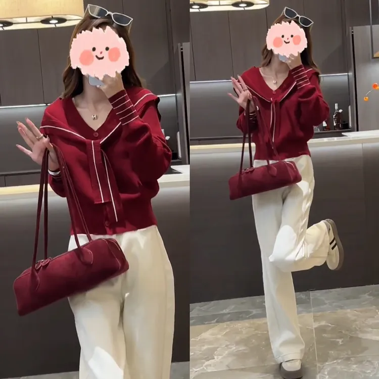 入秋穿搭一整套女装套装秋季长袖红色V领针织衫直筒牛仔裤两件套