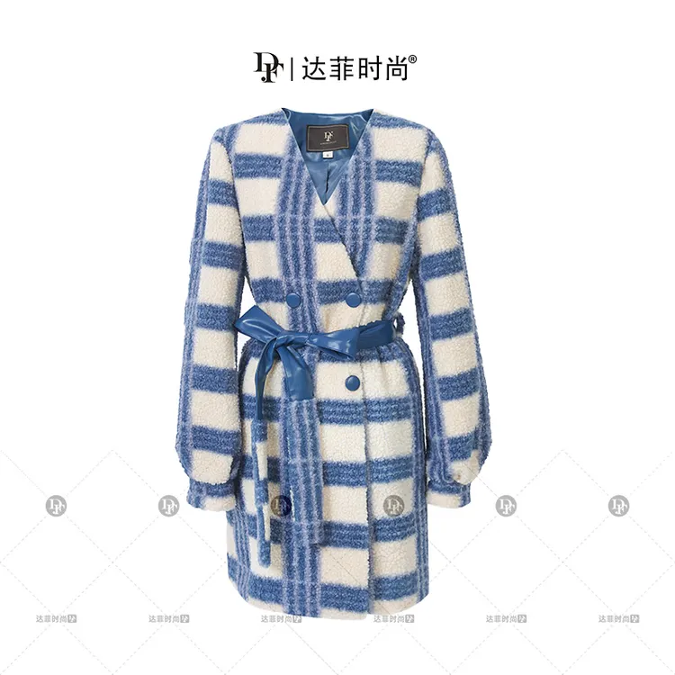 潮流-新款减龄灯笼袖系带收腰撞色格子羊羔毛皮草大衣Q10619967