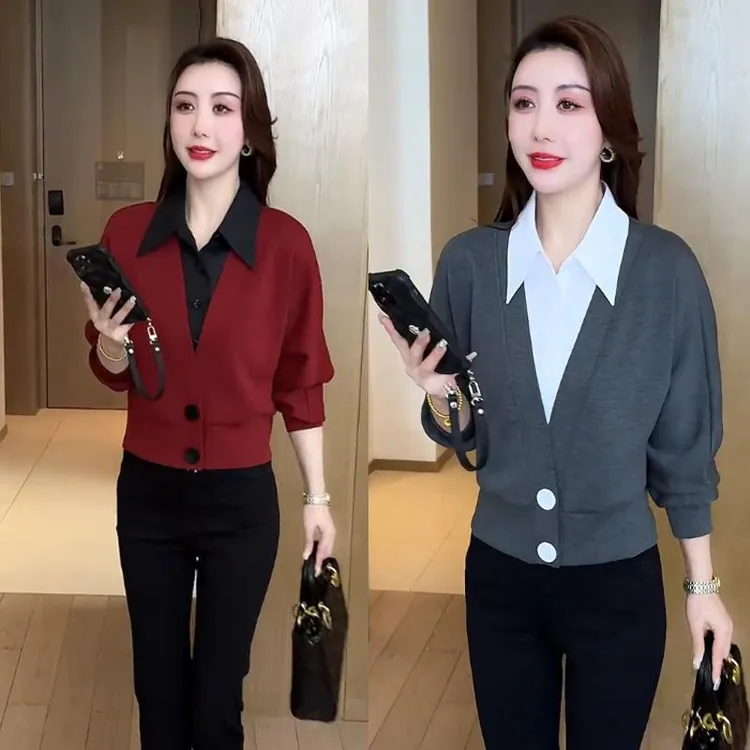 套装女春游财阀千金遮肉显瘦假两件衬衫微喇裤减龄清冷感两件套