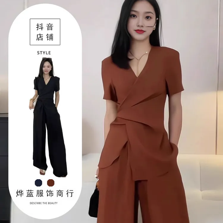 夏季大码时尚西装套装女胖mm法式收腰V领设计感西服阔腿裤两件套