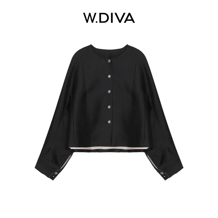 W.Diva【纽扣诗】6A桑蚕丝澳毛混纺外套极简亮泽精致圆领53C172416