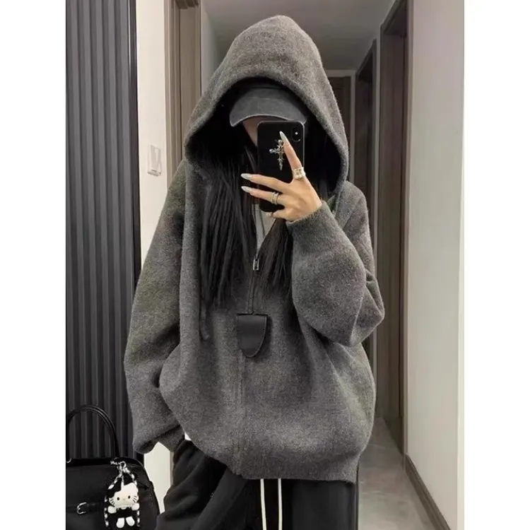 慵懒风宽松灰色拉链连帽毛衣女装秋冬季新款韩系时尚针织卫衣上衣