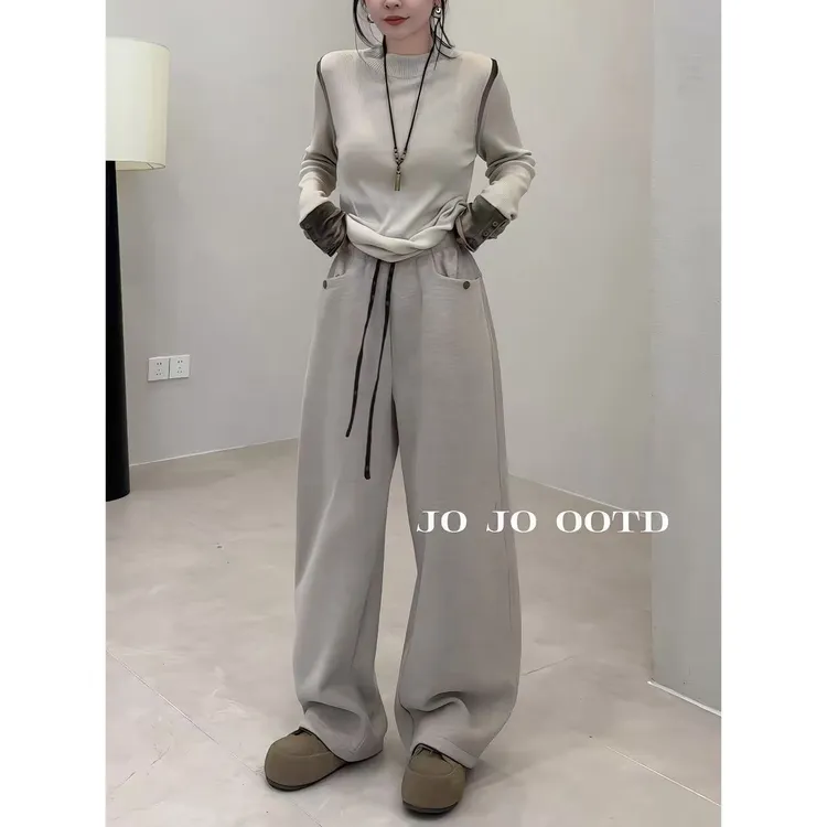 玖玖 2025冬季新款加绒加厚一字口袋百搭毛呢裤休闲裤 2511C8152