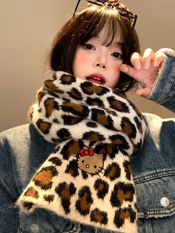 Kitty猫咪豹纹针织围巾女秋冬季韩系氛围感加厚保暖防寒护颈围巾