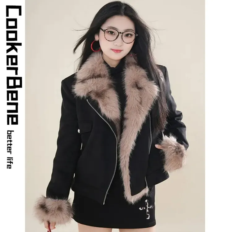 美式复古皮毛一体座山雕外套女秋冬季高级感宽松显瘦长袖短外套