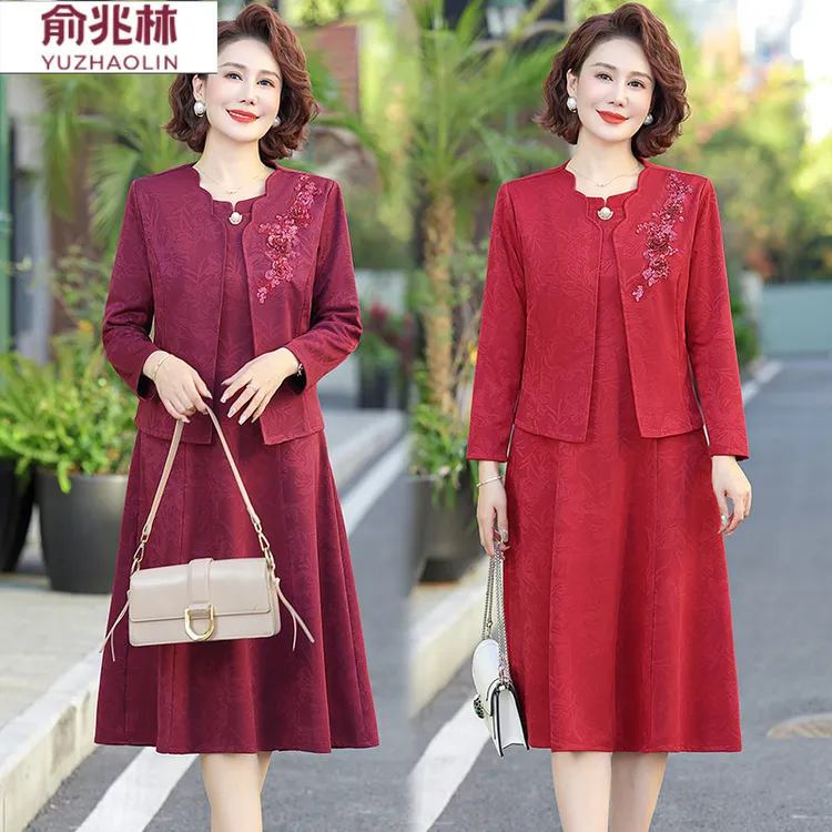 妈妈春秋连衣裙时尚中老年春秋两件套长裙喜婆婆婚宴礼服旗袍裙子