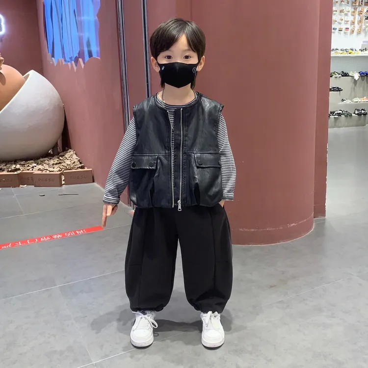 男童皮马甲三件套2025春秋季新款洋气儿童韩版打底衫宝宝炸街套装