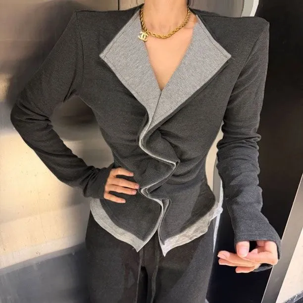 法式设计感拼色德绒V领打底衫女秋冬新款褶皱假两件修身长袖T恤女