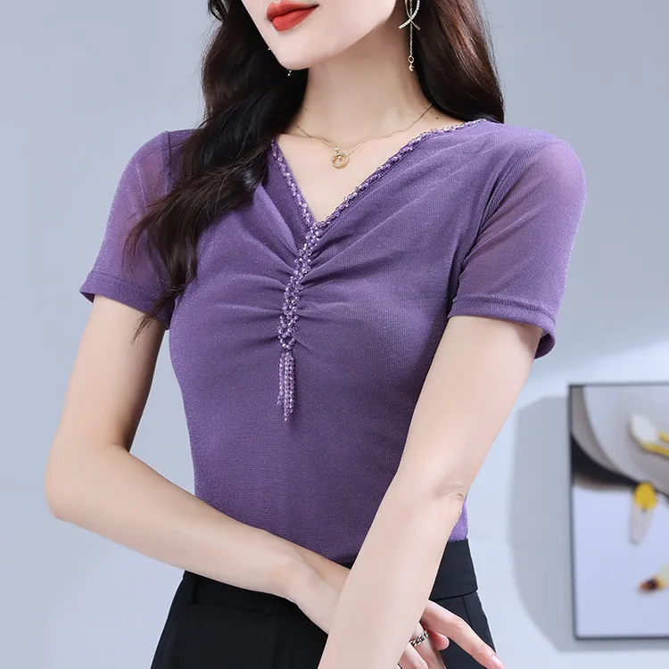 V领钉珠T恤洋气纱衣夏季女夏装新款短袖纱衣小衫修身显瘦女上衣潮