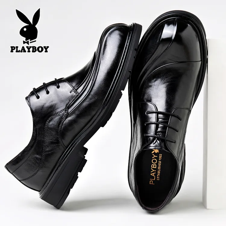 花花公子男士皮鞋真皮商务正装宽脚大头内增高结婚新郎休闲鞋大码