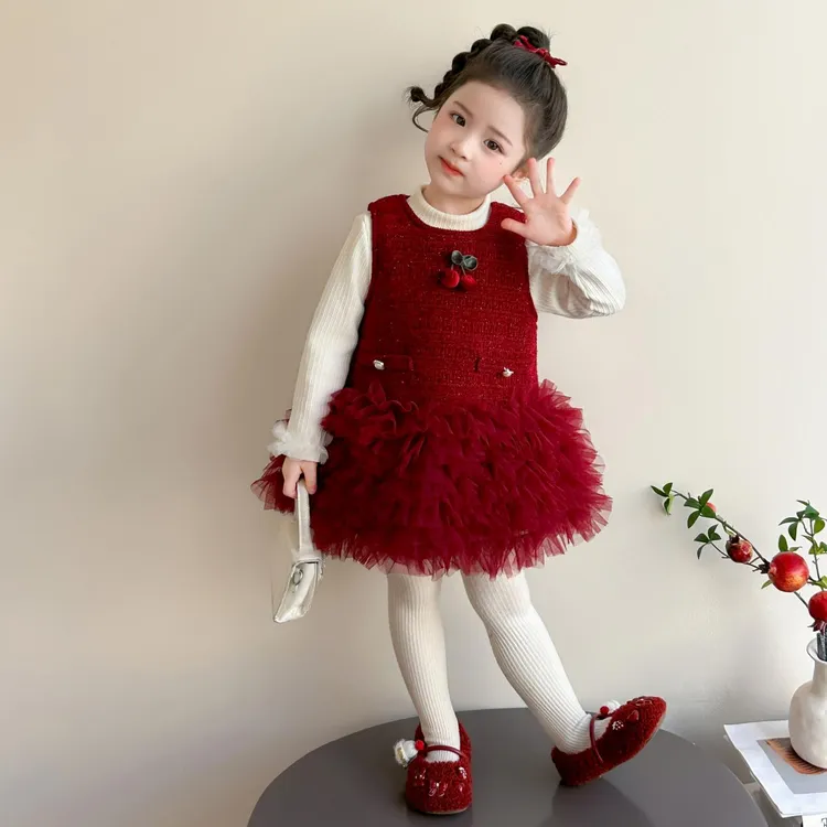 纱裙女童加绒连衣裙冬季2025新款女宝宝裙子冬装儿童拜年服背心裙