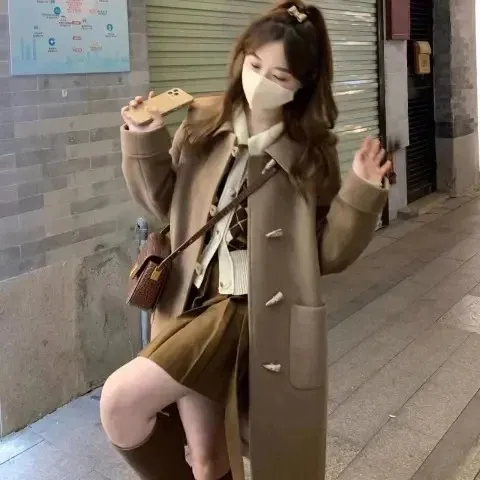 年终促暖冬学院派进口澳毛双面羊绒大衣牛角扣长款毛呢外套