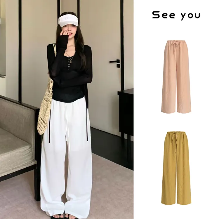 夏季百搭窄腰头抽绳休闲裤阔腿裤宽松长裤女设计感百搭直筒裤B910