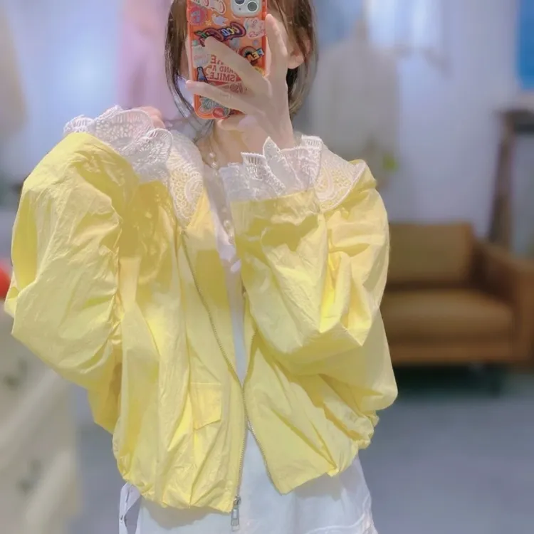 欧货2025春夏新款拼接蕾丝边连帽外套女时尚洋气百搭薄款开衫外套