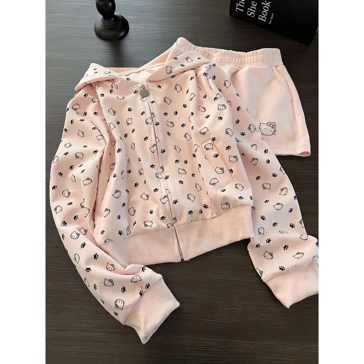 美式复古连帽Kitty运动卫衣舒适睡衣女秋季包臀短裙子家居服套装